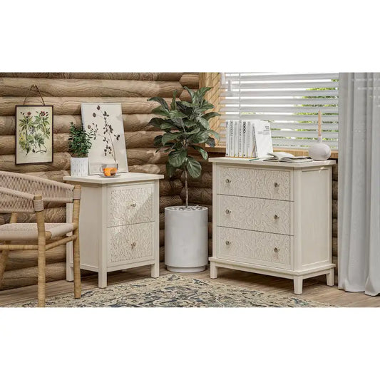 COZAYH Farmhouse Fully-Assembled Nightstand with 2-Drawer, Flower Motif End Table for Small Spaces, French Country