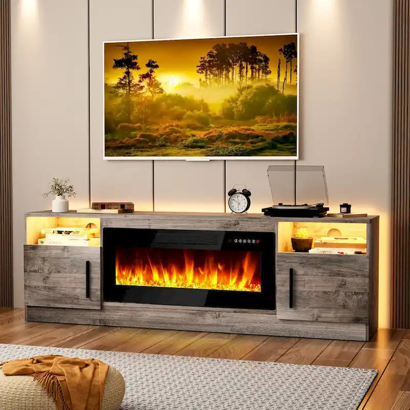 Bossin 70 Fireplace TV Stand with 36 Electric Fireplace, TV Stand for TVs Up to 80, 16 Colors LED Lights/Entertainment Center