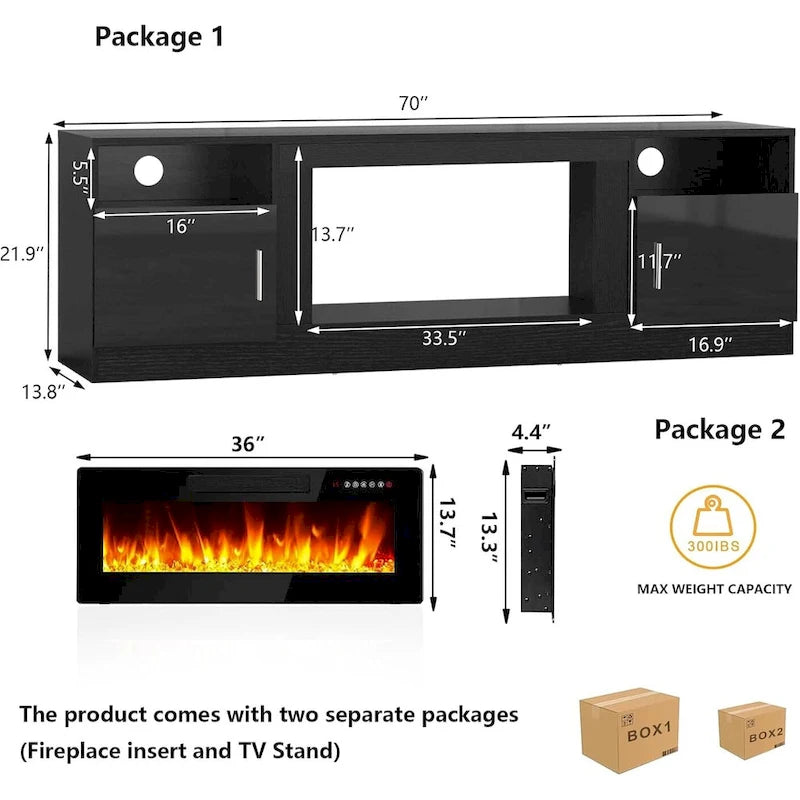 Bossin 70 Fireplace TV Stand with 36 Electric Fireplace, TV Stand for TVs Up to 80, 16 Colors LED Lights/Entertainment Center