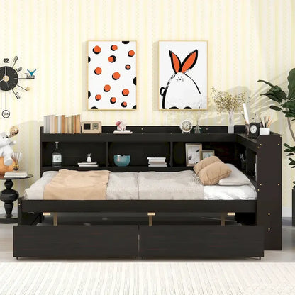 Full Bed with L-shaped Bookcases, Drawers ,Espresso