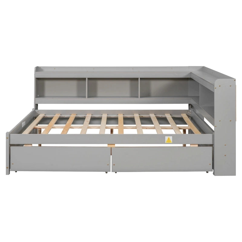 Full Bed with L-shaped Bookcases, Drawers ,Espresso