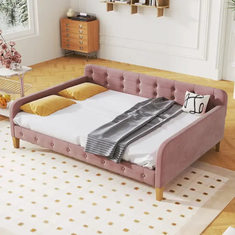 Full Size Upholstered Daybed with 4 Support Legs,Pink
