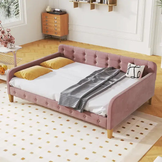 Full Size Upholstered Daybed with 4 Support Legs,Pink