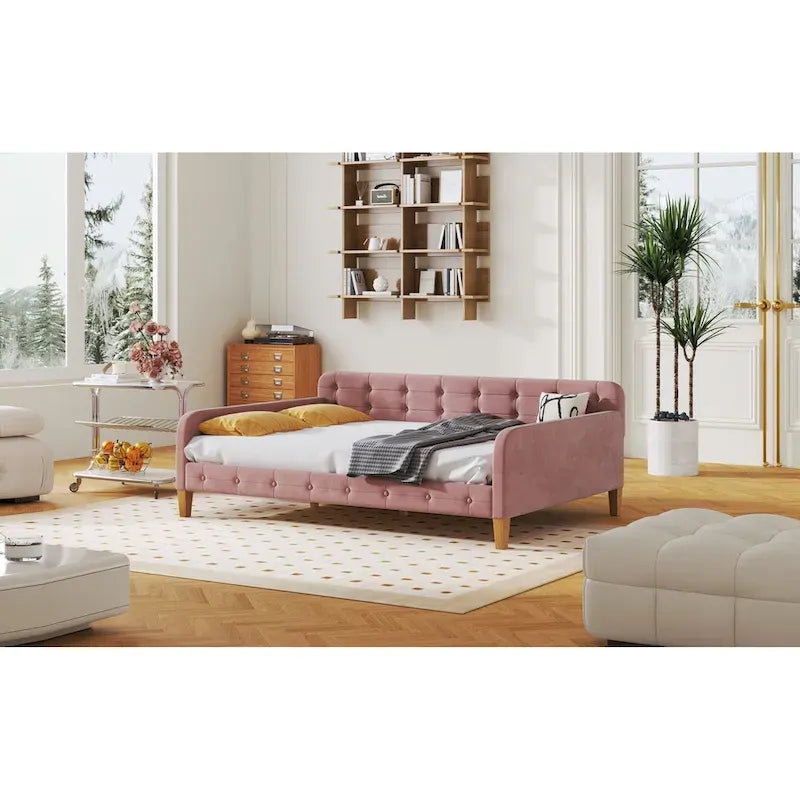 Full Size Upholstered Daybed with 4 Support Legs,Pink