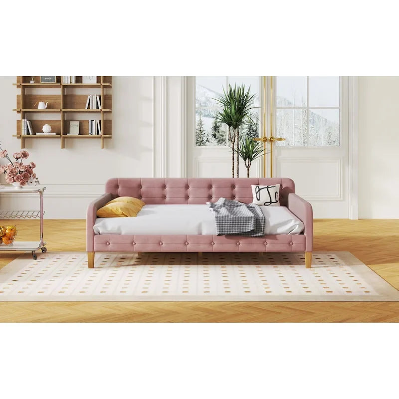 Full Size Upholstered Daybed with 4 Support Legs,Pink