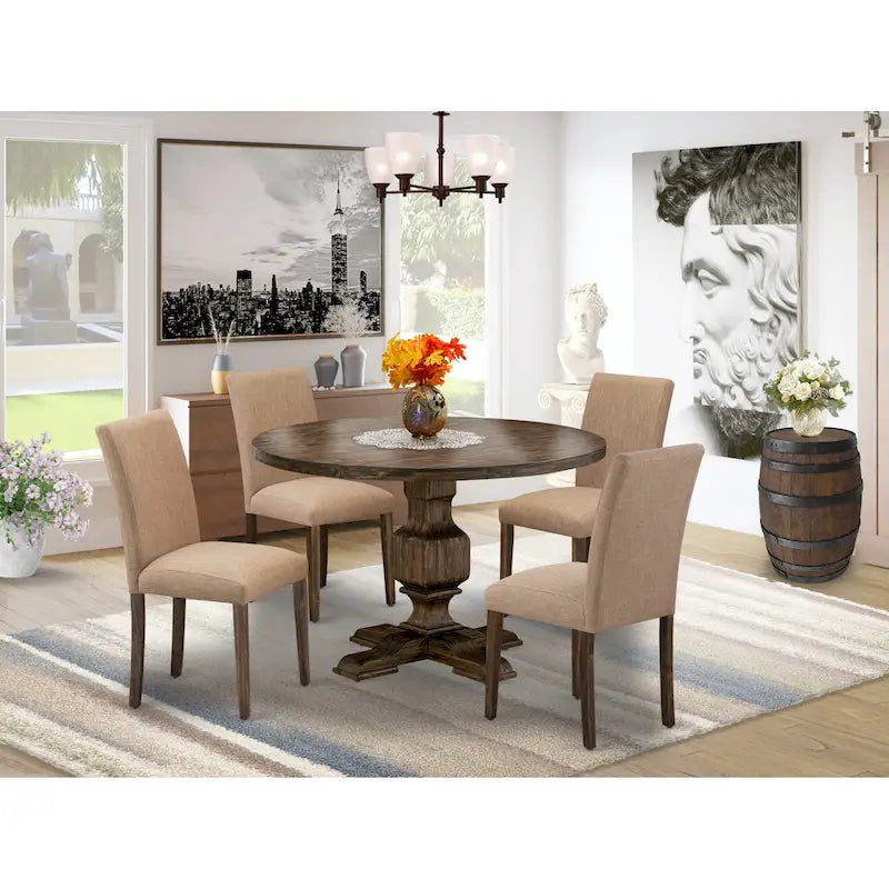 East West Furniture Dining Table Set- a Round Kitchen Table and Light Sable Parsons Chairs, Distressed Jacobean (Pieces Option)