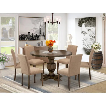 East West Furniture Dining Table Set- a Round Kitchen Table and Light Sable Parsons Chairs, Distressed Jacobean (Pieces Option)