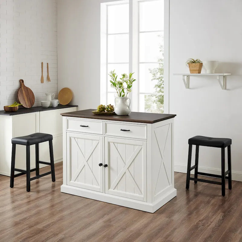 Crosley Clifton Kitchen Island W/Uph Saddle Stools - 43d x 47.75w x 36.25h