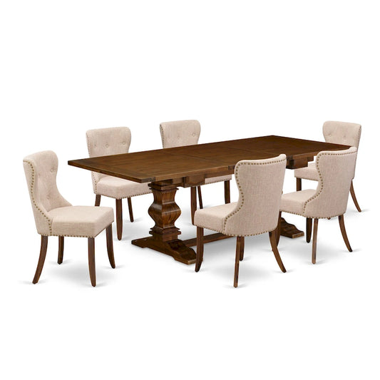 East West Furniture Dining Table Set- a Rectangle Dinner Table and Light Tan Linen Fabric Chairs, (Pieces Option)