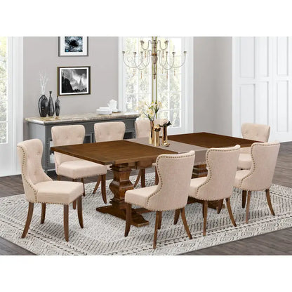 East West Furniture Dining Table Set- a Rectangle Dinner Table and Light Tan Linen Fabric Chairs, (Pieces Option)