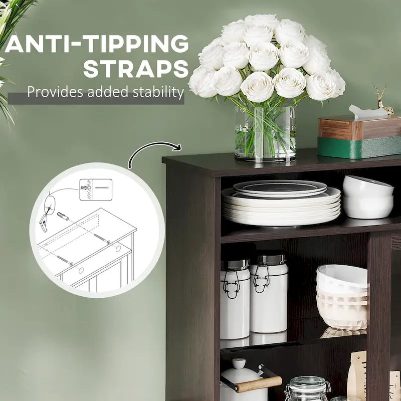 HOMCOM Modern Kitchen Storage Sideboard, Buffet Cabinet, Sliding Glass Doors Cupboard with Adjustable Shelf, Dark Brown