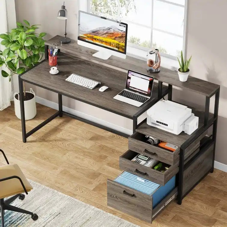 63 Computer Desk with Monitor Stand, Ergonomic Home Office Desks with Drawers File Cabinet