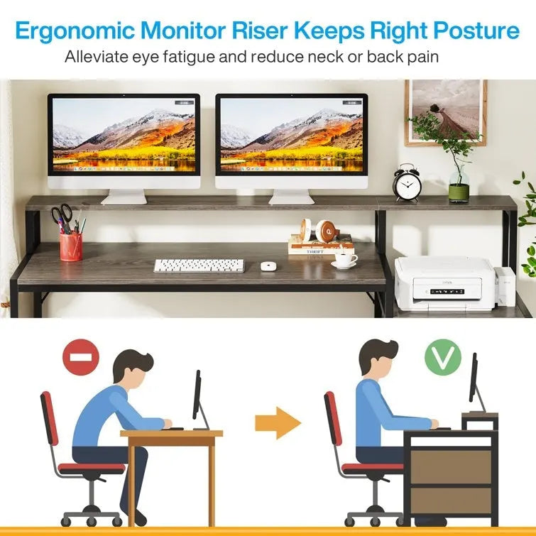 63 Computer Desk with Monitor Stand, Ergonomic Home Office Desks with Drawers File Cabinet