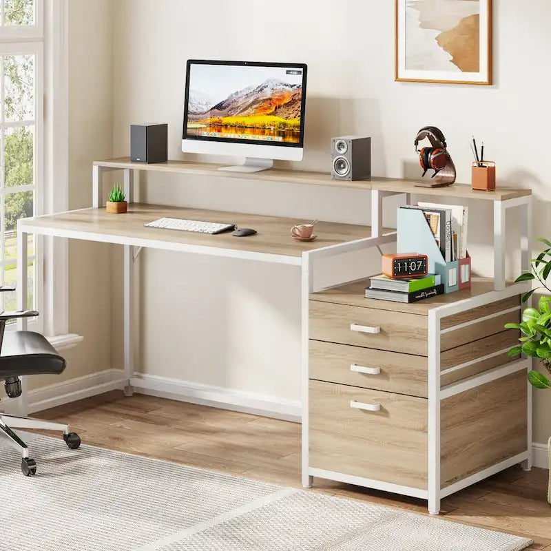 63 Computer Desk with Monitor Stand, Ergonomic Home Office Desks with Drawers File Cabinet