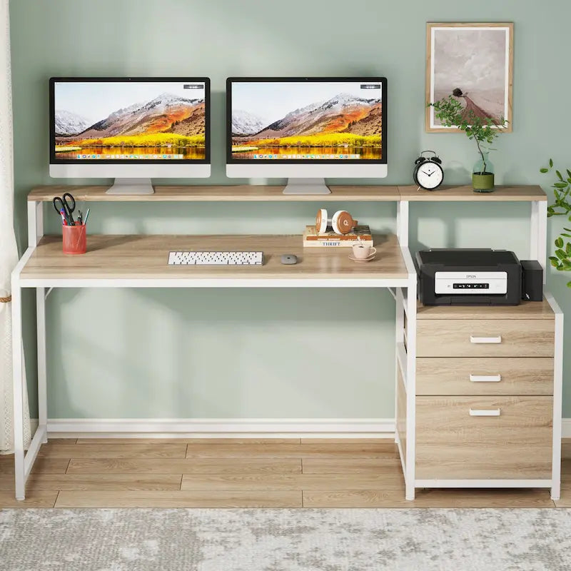 63 Computer Desk with Monitor Stand, Ergonomic Home Office Desks with Drawers File Cabinet