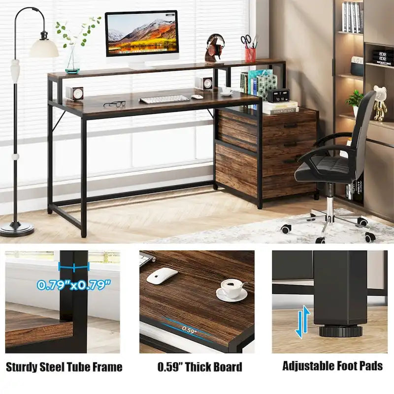63 Computer Desk with Monitor Stand, Ergonomic Home Office Desks with Drawers File Cabinet