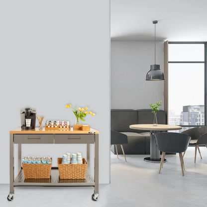 Seville Classics Home Stainless Steel 2-Drawer Mobile Workcenter Kitchen Cart Island with Solid Wood Top - 48 W x 24 D