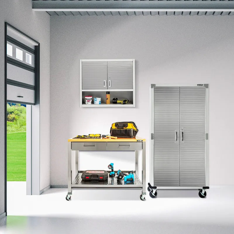 Seville Classics Home Stainless Steel 2-Drawer Mobile Workcenter Kitchen Cart Island with Solid Wood Top - 48 W x 24 D