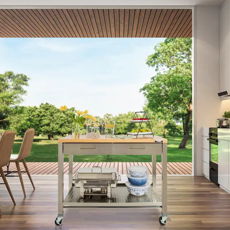 Seville Classics Home Stainless Steel 2-Drawer Mobile Workcenter Kitchen Cart Island with Solid Wood Top - 48 W x 24 D