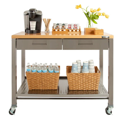 Seville Classics Home Stainless Steel 2-Drawer Mobile Workcenter Kitchen Cart Island with Solid Wood Top - 48 W x 24 D