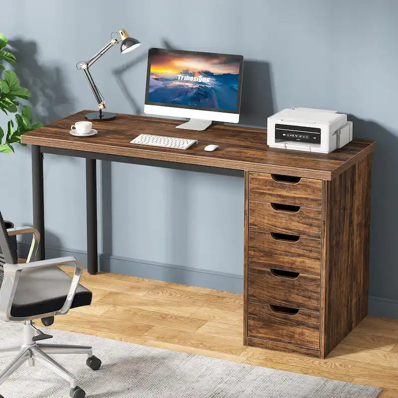 47-inch Computer Desk with 5-drawer, Wood and Metal Writing Desk for Study Living Room