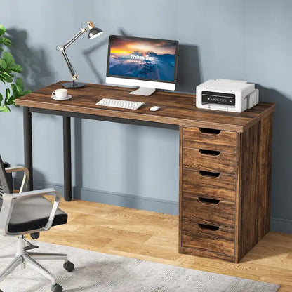 47-inch Computer Desk with 5-drawer, Wood and Metal Writing Desk for Study Living Room
