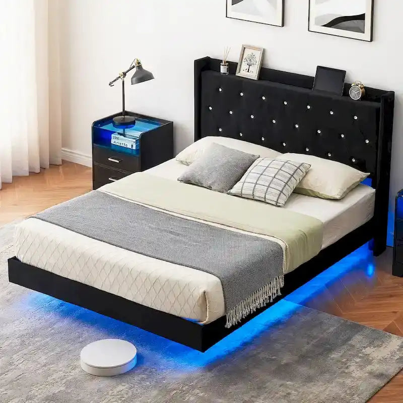 Modern Velvet Floating Bed Frame with LED Lights