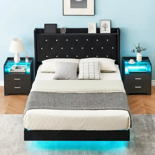 Modern Velvet Floating Bed Frame with LED Lights
