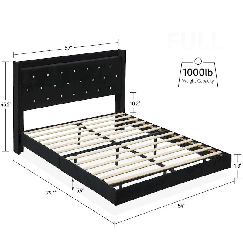 Modern Velvet Floating Bed Frame with LED Lights
