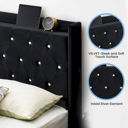 Modern Velvet Floating Bed Frame with LED Lights