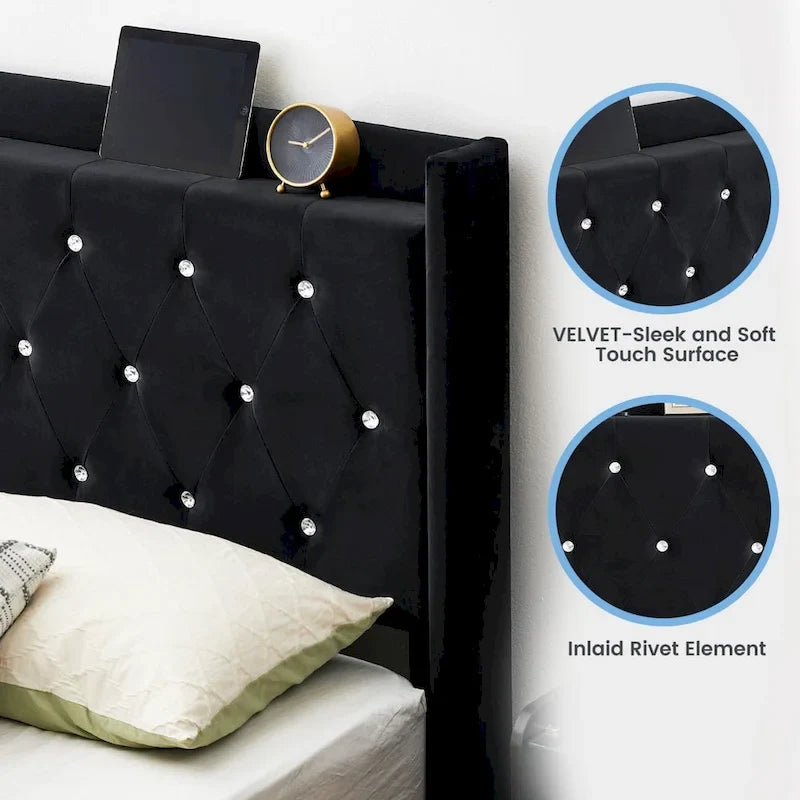 Modern Velvet Floating Bed Frame with LED Lights