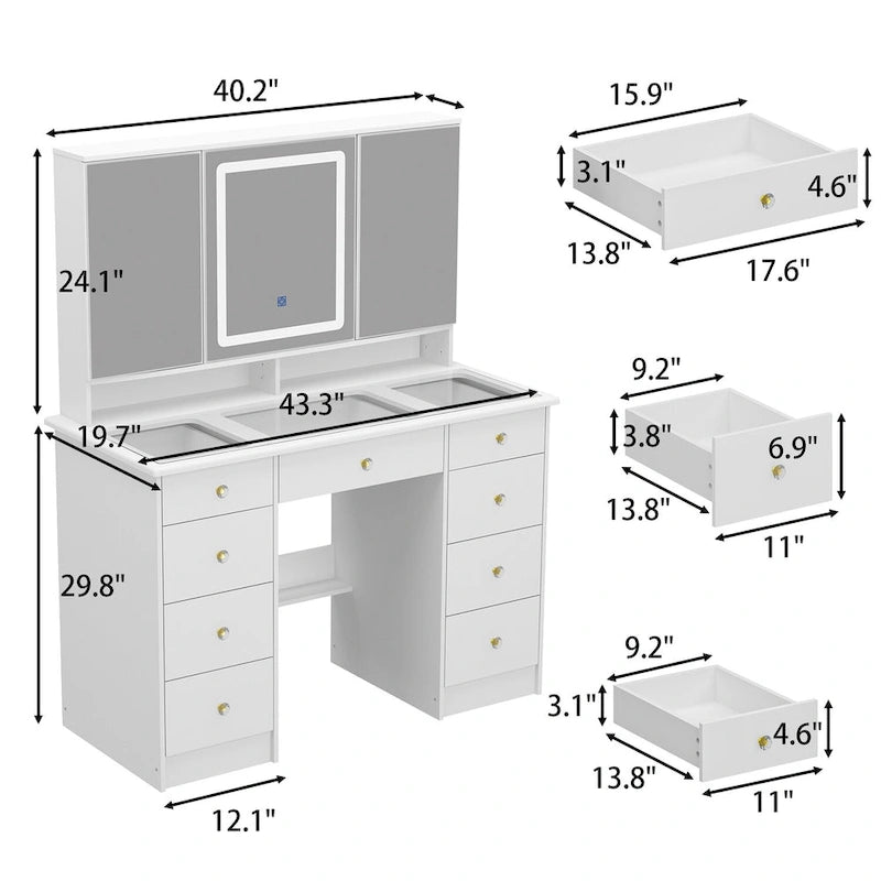 Vanity Desk with Lights, Makeup Vanity with Lights 3 Colors,9 Drawers - 53.9H