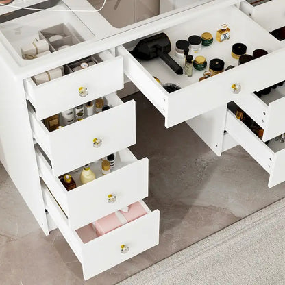 Makeup Vanity w/Tri-Fold Mirror Certified Lighting Glass Top Dresser