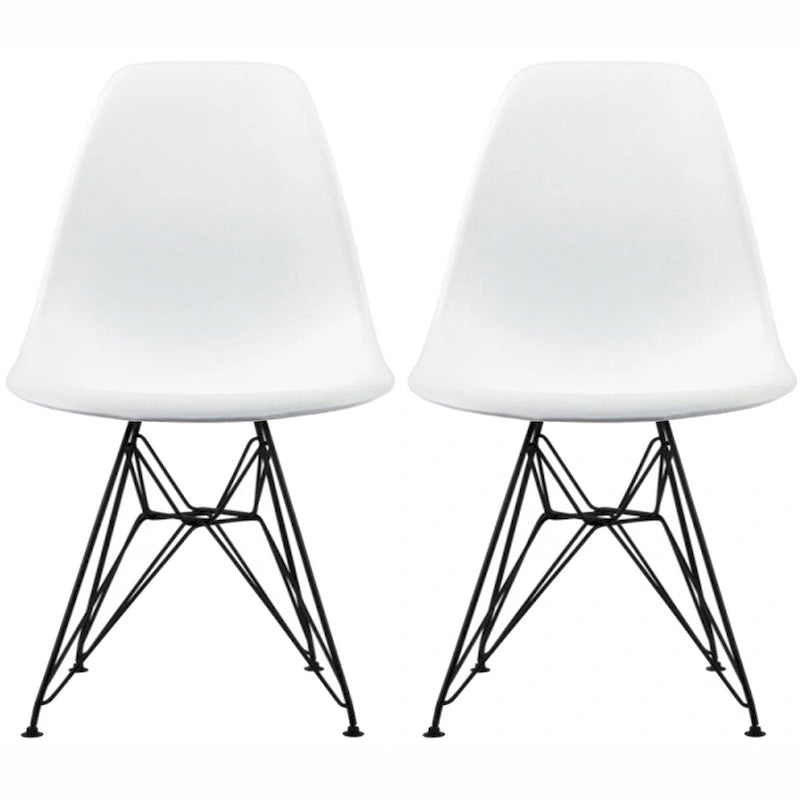 Set of 2 Mid-Century Modern Dining Side Chairs Armless Plastic Shell Seat with Black Metal Wire Eiffel Base, White