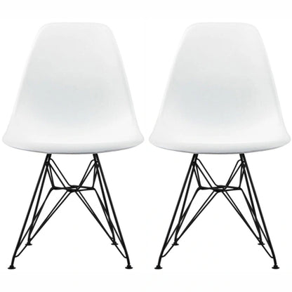 Set of 2 Mid-Century Modern Dining Side Chairs Armless Plastic Shell Seat with Black Metal Wire Eiffel Base, White