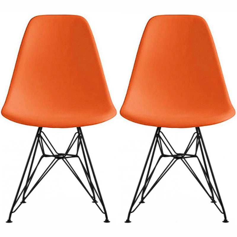 Set of 2 Mid-Century Modern Dining Side Chairs Armless Plastic Shell Seat with Black Metal Wire Eiffel Base, White