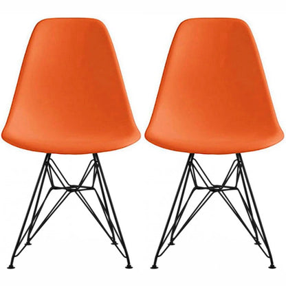 Set of 2 Mid-Century Modern Dining Side Chairs Armless Plastic Shell Seat with Black Metal Wire Eiffel Base, White