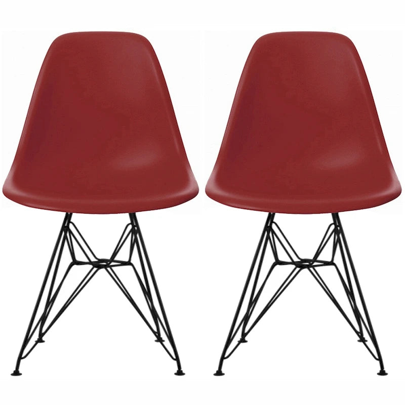 Set of 2 Mid-Century Modern Dining Side Chairs Armless Plastic Shell Seat with Black Metal Wire Eiffel Base, White