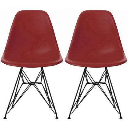 Set of 2 Mid-Century Modern Dining Side Chairs Armless Plastic Shell Seat with Black Metal Wire Eiffel Base, White