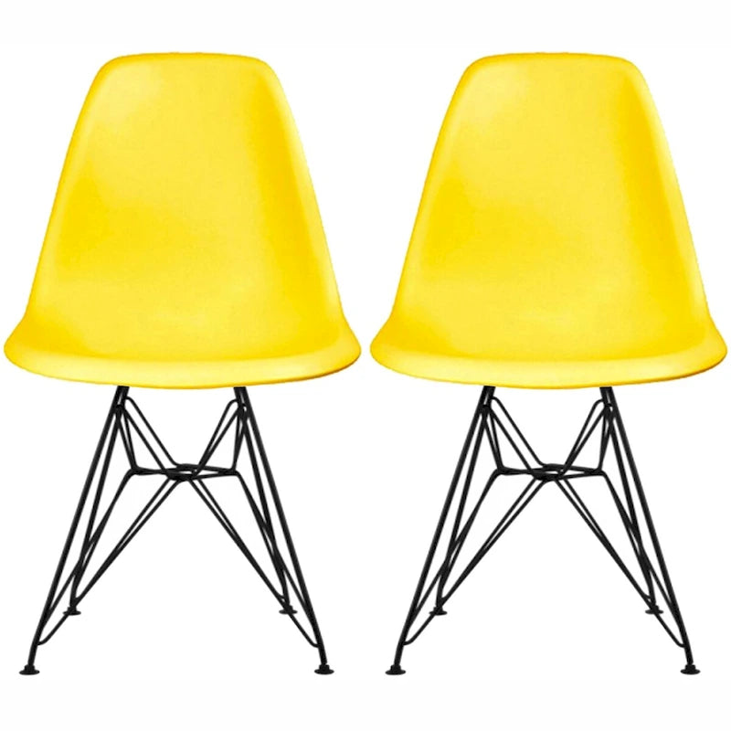 Set of 2 Mid-Century Modern Dining Side Chairs Armless Plastic Shell Seat with Black Metal Wire Eiffel Base, White