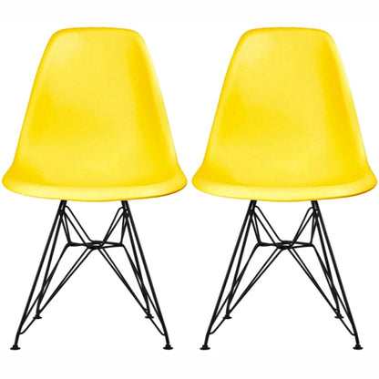 Set of 2 Mid-Century Modern Dining Side Chairs Armless Plastic Shell Seat with Black Metal Wire Eiffel Base, White