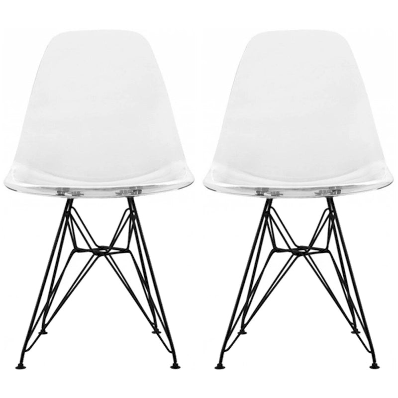 Set of 2 Mid-Century Modern Dining Side Chairs Armless Plastic Shell Seat with Black Metal Wire Eiffel Base, White
