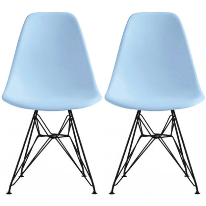 Set of 2 Mid-Century Modern Dining Side Chairs Armless Plastic Shell Seat with Black Metal Wire Eiffel Base, White