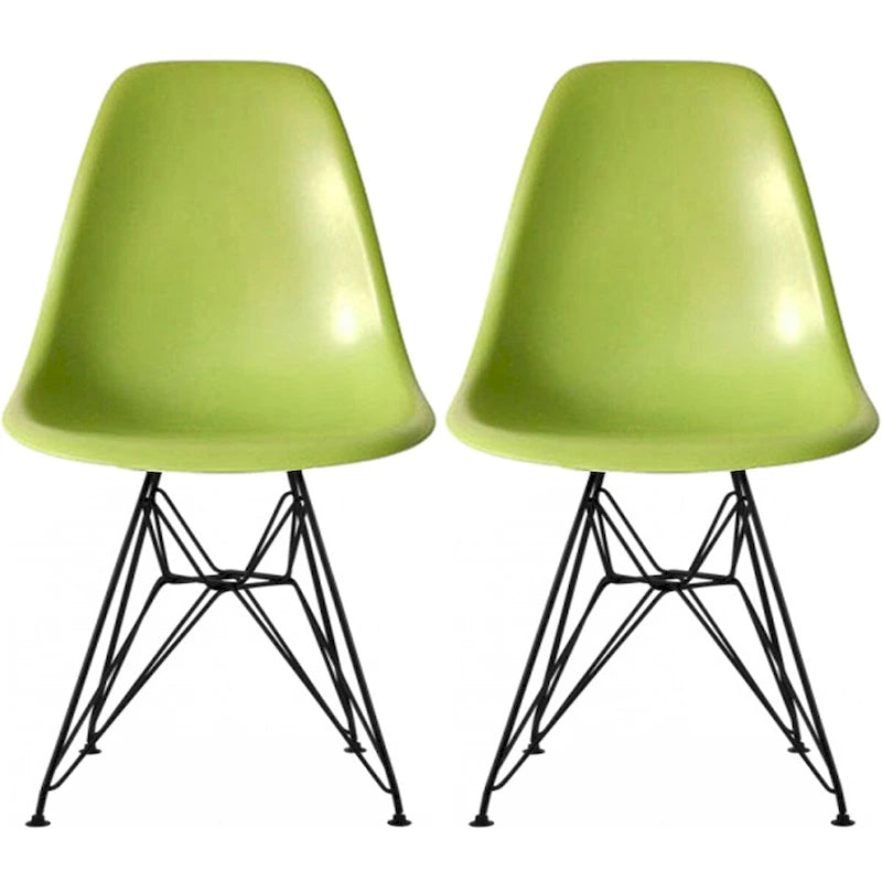 Set of 2 Mid-Century Modern Dining Side Chairs Armless Plastic Shell Seat with Black Metal Wire Eiffel Base, White