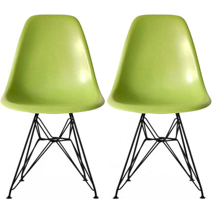 Set of 2 Mid-Century Modern Dining Side Chairs Armless Plastic Shell Seat with Black Metal Wire Eiffel Base, White