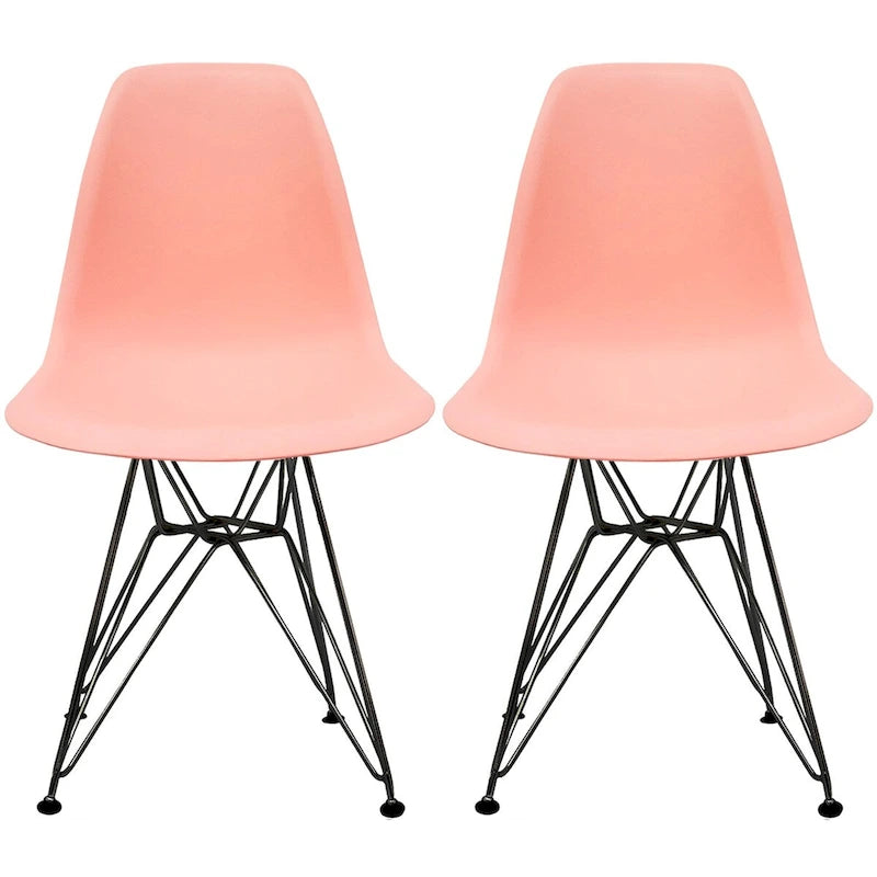 Set of 2 Mid-Century Modern Dining Side Chairs Armless Plastic Shell Seat with Black Metal Wire Eiffel Base, White