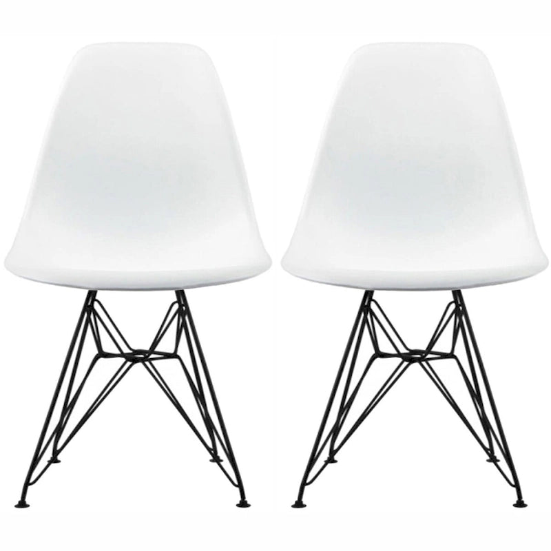 Set of 2 Mid-Century Modern Dining Side Chairs Armless Plastic Shell Seat with Black Metal Wire Eiffel Base, White
