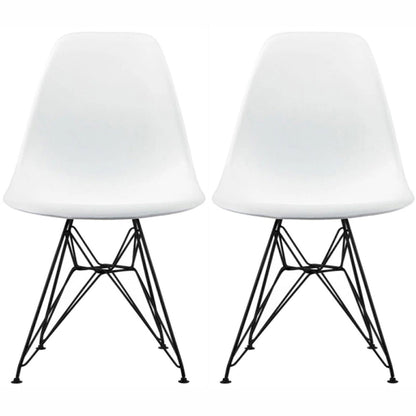 Set of 2 Mid-Century Modern Dining Side Chairs Armless Plastic Shell Seat with Black Metal Wire Eiffel Base, White