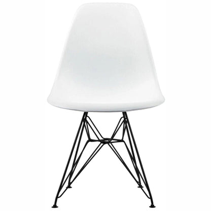 Set of 2 Mid-Century Modern Dining Side Chairs Armless Plastic Shell Seat with Black Metal Wire Eiffel Base, White