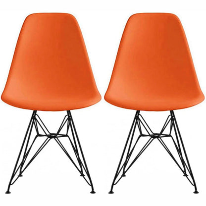 Set of 2 Mid-Century Modern Dining Side Chairs Armless Plastic Shell Seat with Black Metal Wire Eiffel Base, White